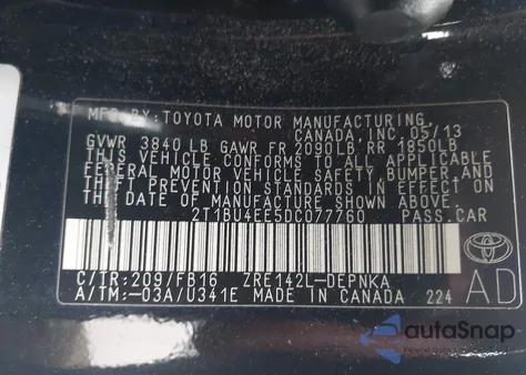 2013 Toyota Corolla Le z USA, uszkodzony, nr VIN 2T1BU4EE5DC077760